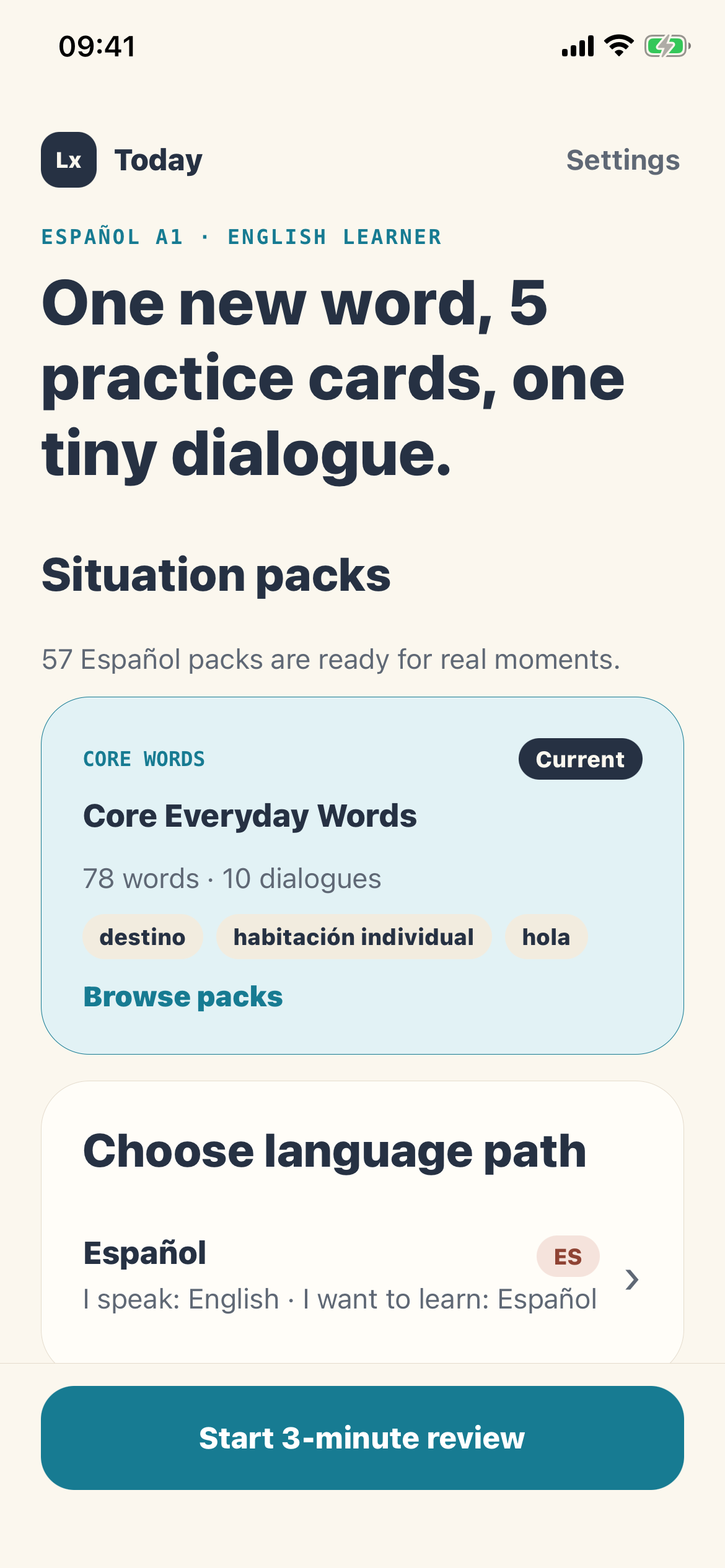 LexiGlance Today screen with one new word, five practice cards, a tiny dialogue, and Spanish situation packs