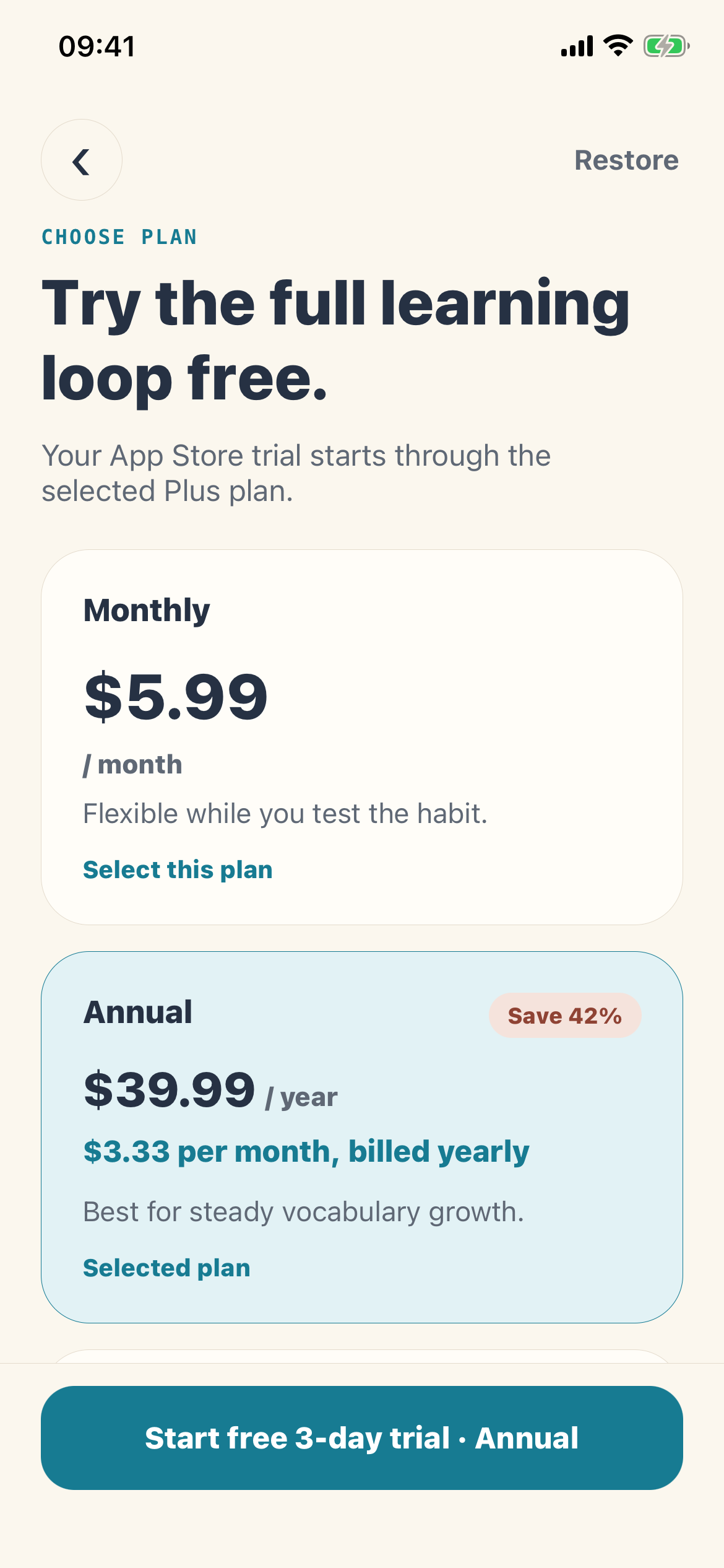 LexiGlance Plus monthly and annual plan screen with eligible annual trial messaging